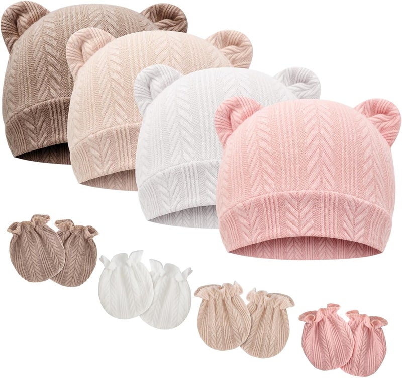DRESHOW BQUBO Newborn Baby Hats Bear Ears and Mittens Sets Preemie Caps Baby Boy Girl Infant Hospital Beanie for 0-3 Months - Image 1